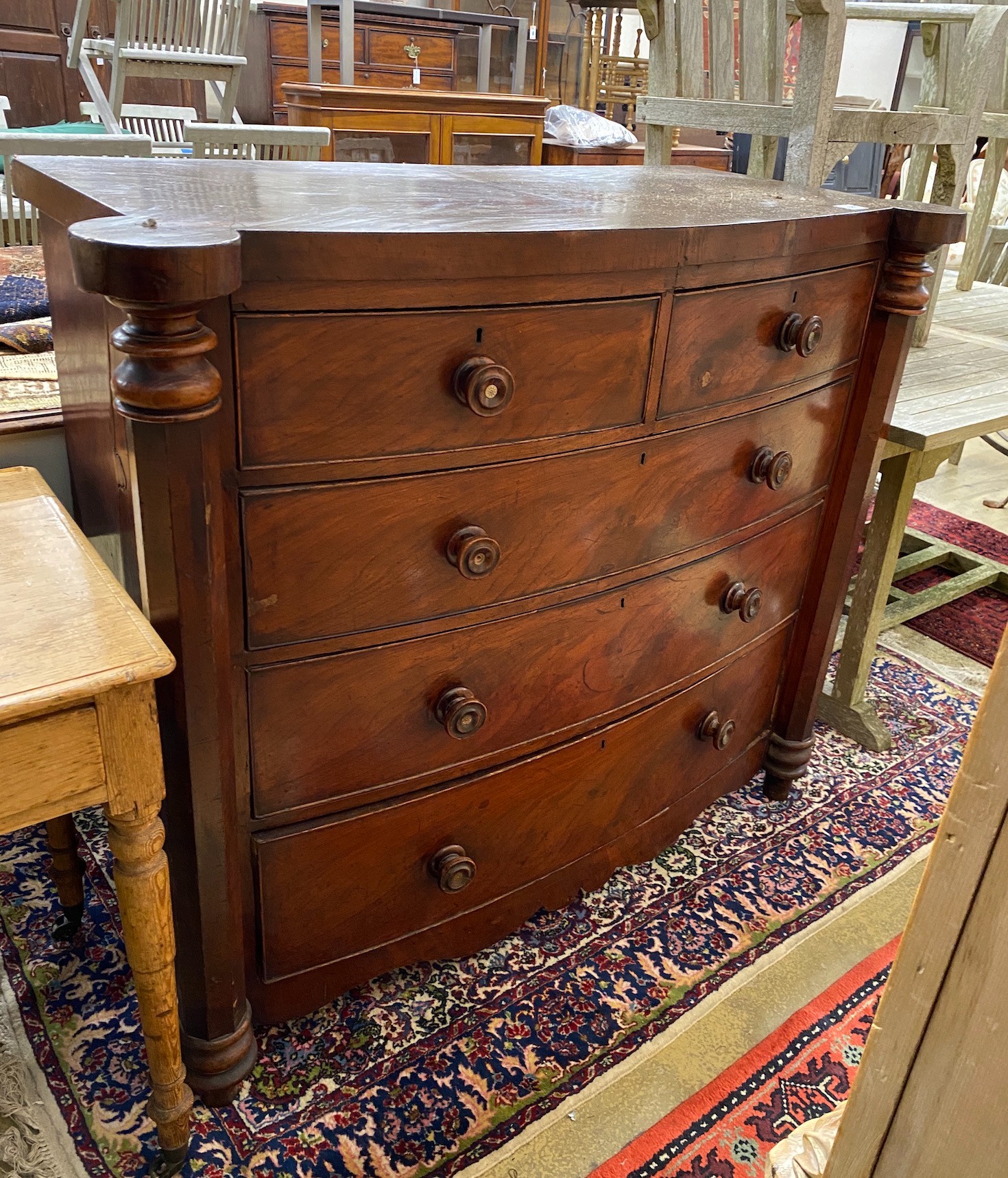 A Victorian mahogany bowfront chest of five drawers, width 127cm, height 108cm